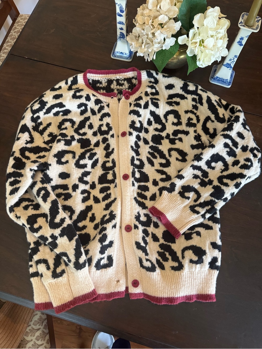Amazon Women's Cream and Black Leopard Cardigan with Maroon Trim
